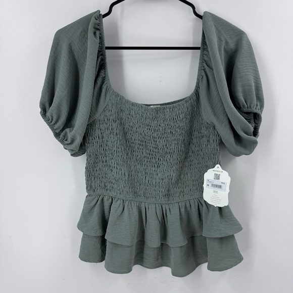 Altar'd State Tops - Altar'd State Green Peplum Blouse with Ruffled Short Sleeves